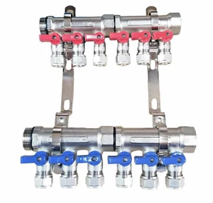 1" 6-Loop/Port Ball Valve Brass PEX Manifold for 1/2" PEX Tubing w/ Brackets - Picture 1 of 7