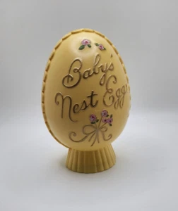 Vintage Plastic Yellow Baby's Nest Egg Bank Plakie Mid Century Pink Flowers - Picture 1 of 6