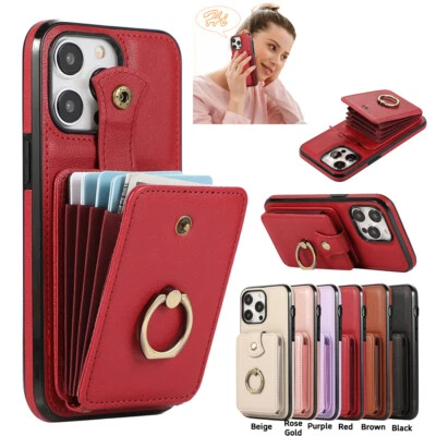 Magnetic Leather Card Ring Stand Wallet Case For iPhone 16E 15 14 13 12 11 XR 7 - Image 1 of 4