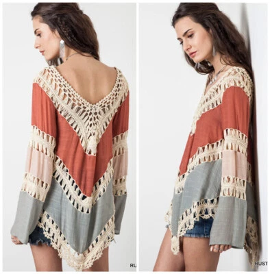 Bohemian Loose Top Beach Blouse Hollow Crochet Women Irregular Knitted Shirt Top - Image 1 of 4
