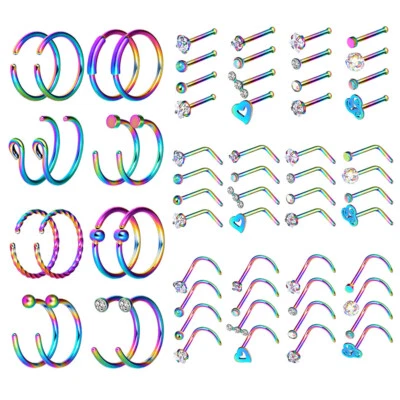 64 peças conjunto de pinos de orelha coloridos anel de nariz argola opala CZ parafuso forma de L parafusos de osso 20G - Imagem 1 de 4