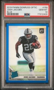 JOSH JACOBS 2019 Donruss Optic #158 BLUE Rookie RC #/150 PSA 10 GEM MINT POP 7