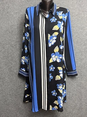 Lands' End 花卉长衫束腰纽扣衬衫连衣裙和服女式 14 小号全新带标签 — 第 1/4 张图片