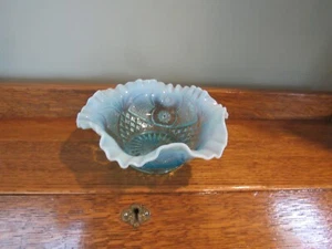 Blue Opalescent Crimped Ruffled 7.5" Bowl Maybe DUGAN no marks - Picture 1 of 5