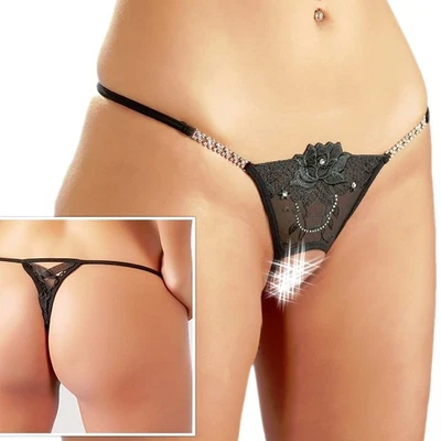 Sexy Damen Strass String S M L Schritt offen schwarz Spitze Slip Unterwäsche - Bild 1 von 4