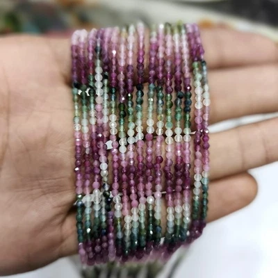 Natural Faceted Tourmaline Beaded Necklace: 4mm Faceted Round Beads, Gemstone - Image 1 of 3