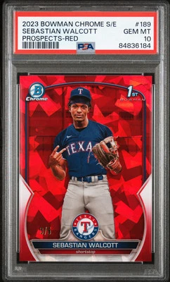 2023 BOWMAN CHROME SAPPHIRE ED PROSPECTS RED #189 SEBASTIAN WALCOTT 3/5 PSA 10 - Image 1 of 2