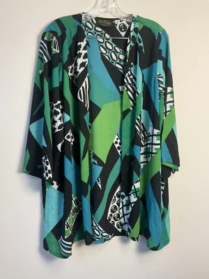 Cárdigan usado en excelente estado Bob Mackie estampado carnaval gasa frente abierto talla 1x arte portátil Foto 1 de 4