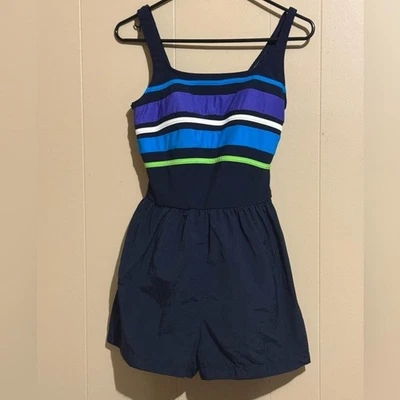 LONGITUDE Women 10 Striped Navy Romper Swimwear - Image 1 of 4