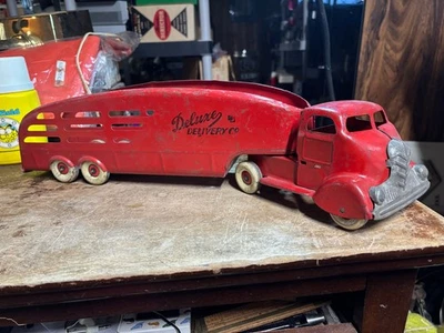 Vintage Original Marx Deluxe ENTREGA Semi Caminhão com Reboque Aço Prensado Vermelho - Imagem 1 de 4