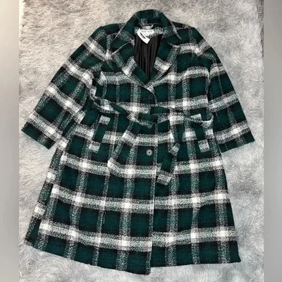 Ava & Viv Wool Blend Plaid Knee Length Overcoat Coat - Green & White 3X - Image 1 of 2