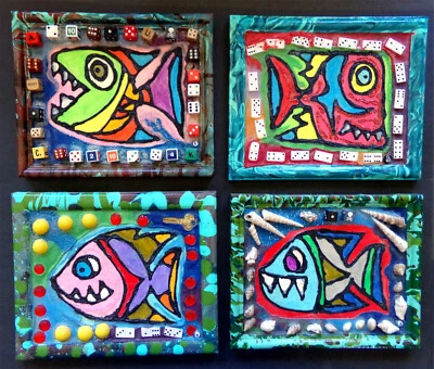 JUEGO DE ARTE ENMARCADO FUNKY FISH: 4x Lote Pinturas Collage 3D Psicodélicas Punk Originales Foto 1 de 4