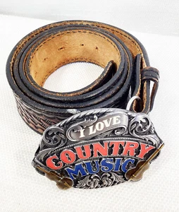 Hebilla de cinturón de peltre vintage Siskiyou I Love Country Music E-80 1988 talla 44-46 para hombre - Imagen 1 de 5