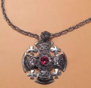 Vintage signiert 835 Bethlehem Silber Jerusalem Kreuz religiös Anhänger Halskette - Bild 1 von 12