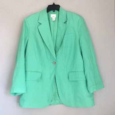Chaqueta Blazer H&M Lino Mujer Grande Verde De Gran Tamaño 1 Botón Bolsillos Frontales Foto 1 de 4