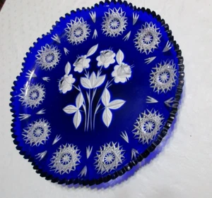 Colbalt Blue Schliff auf Klarglas Floral Star 11,5" Runde Servierplatte Sägezahn - Bild 1 von 5