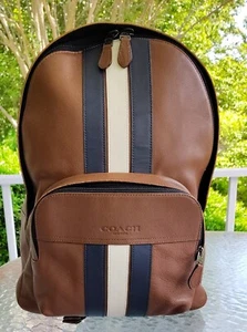 Mochila de cuero Coach GRANDE F49324 Houston marrón con rayas universitarias - Imagen 1 de 14