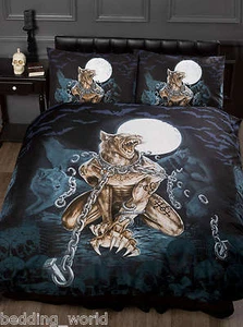 EINZELBETTWÖLFE GAROU BETTDECKE ALCHEMIE GOTISCHER WERWOLF MOND WOLF FLEDERMÄUSE BLAU - Bild 1 von 3