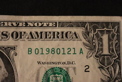 [JAN 21, 1980] ONE DOLLAR FANCY BIRTHDAY NOTE  SN  B 01980121 A - Image 1 of 3