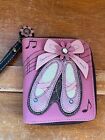 Gently Used Chala Pink & Brown Leather Wristlet w Ballet Shoes Ribbon Flower Wal