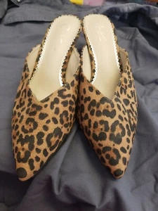 NWOB Womens Ladies CATO Brown/Black FauxFur Leopard Print Slides Heels Shoes 9W - Picture 1 of 6