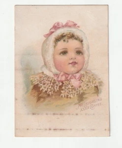 Victorian Trade Card McLaughlin's Coffee Girl Baby Hat Bonnette Chicago Bow Curl - Picture 1 of 2