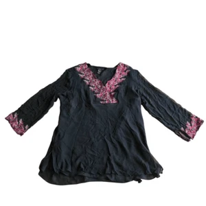 Silkland womens Sz 3X silk floral embroidered trim tunic blouse - Picture 1 of 6