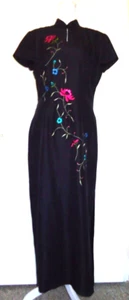 Vtg 90s David Warren Women's Embroidered Floral Asian  Black Maxi Dress Size-8 - Picture 1 of 7