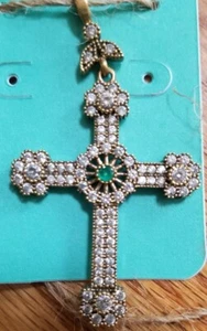NEW .925 Sterling w/gold Handmade artisan  white topaz and emerald CROSS    - Picture 1 of 4