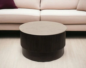 31" White And Dark Brown Genuine Marble And Solid Wood Round Drum Coffee Table - Picture 1 of 8