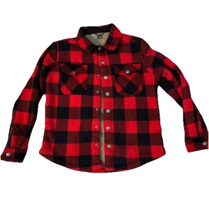 Eddie Bauer Kids Fleece Lined Jacket Red Black Buffalo Plaid Snap Size 10/12 - Picture 1 of 5