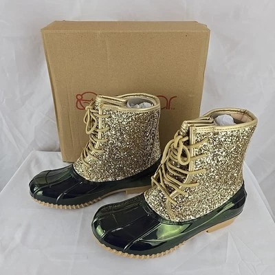 Botas Sugar Mujer 7M Patrón Dorado Brillo/Verde Pato Botas Lluvia Impermeables Foto 1 de 4