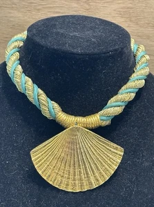 Vintage 80s Braided Shell Pendent Choker Cord Beach Bold Statement Teal Gold - Picture 1 of 6