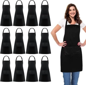 Bulk 12 Pack Cotton Chef Aprons with Adjustable Bib & Front Pockets - Black - Picture 1 of 9