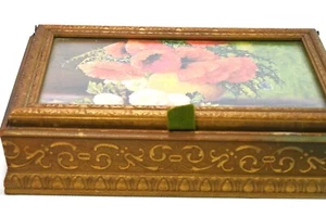 1920s Gold Gilt Dresser Box | Max Streckenbach Poppy Print | Glass Lid | Antique - Picture 1 of 9