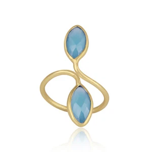 Double Stone Marquise Blue Chalcedony Gemstone Ring Grandmother Birthday Gift - Picture 1 of 6