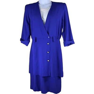 Vestido vintage Studio I talla 14 azul manga larga hombreras botón inferior Foto 1 de 4