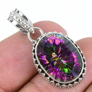 Rainbow Mystic Topaz Gemstone 925 Solid Silver Mothers Gift Wedding New Pendant - Picture 1 of 8