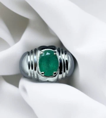 Anillo de regalo natural hombre mujer verde profundo esmeralda plata 925 banda punta zamurdo Foto 1 de 4