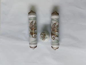 Drawer Pull Knob Handles Porcelain Gold Koi Fish Green Swirl Painted - Picture 1 of 13