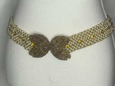 Vintage Beaded Wedding Dress Bride Belt Rhinestones Butterfly Buckle Handmade - Image 1 of 4