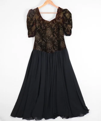 Lee Bird Vintage Midi Dress Size 10 Maroon Velvet Black Chiffon Glitter Puff Slv - Изображение 1 из 4