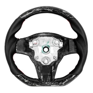 Forged Carbon Steering Wheel For Tesla Model 3 Y 2018–2023 Red Stitch Gloss - Picture 1 of 5