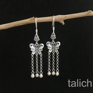925 Sterling Silver Flower Butterfly Earrings with Tassel Chain Bead Drop Unique - Picture 1 of 6