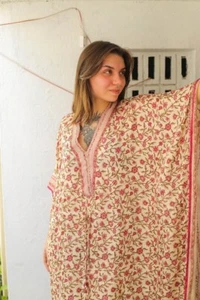 Pure Silk Kaftan Beige-Pink Robe Dress Long Woman Gown Maxi Tunic PS KFN2781 - Picture 1 of 10