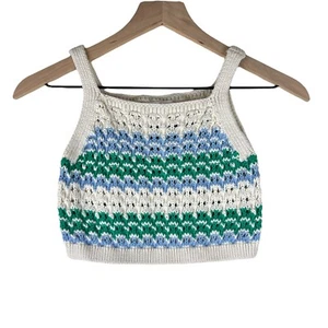 Zara Girls White Blue Green Striped Crochet Knit Cropped Tank Top Size 9-10 - Picture 1 of 6
