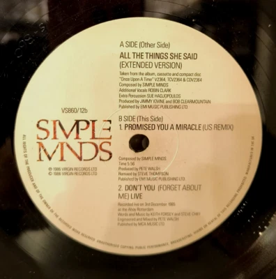 Simple Minds - All The Things She Said (Extended Version) - Vinyl VG+/Por EP 12" - Image 1 of 2