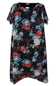 Emily Ladies Chiffon Lined Black Red Floral Print Swing Dress Plus Size 18 - Picture 1 of 3