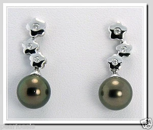 8.5MM Tahitian Pearl Diamond Earrings 14K White Gold, NEW - Picture 1 of 2