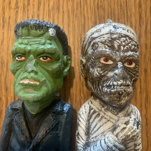 Vintage 2er Set - 10" Halloween Kerzenständer Mumie & Frankenstein Wachs Lesen - Bild 1 von 10